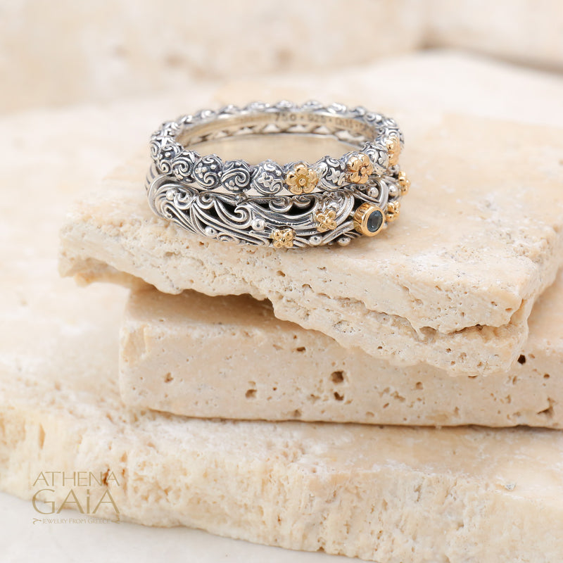 Wild Flowers Accent Ring - 18k Gold & Sterling Silver Ring - Stackable Ring