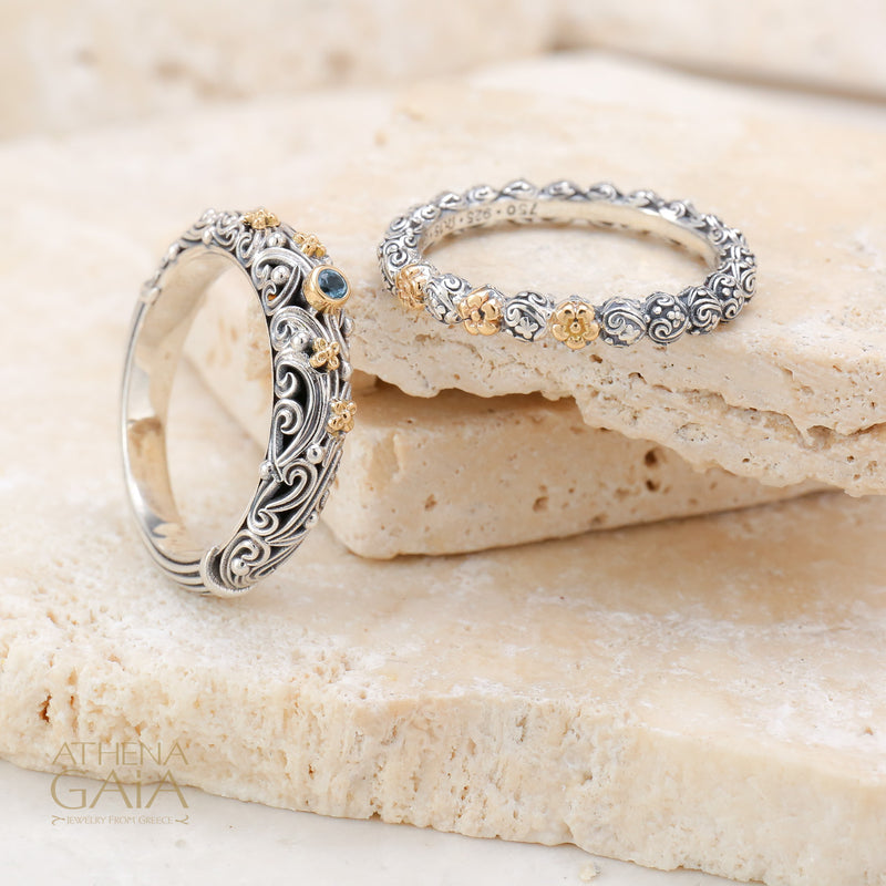 Wild Flowers Accent Ring - 18k Gold & Sterling Silver Ring - Stackable Ring