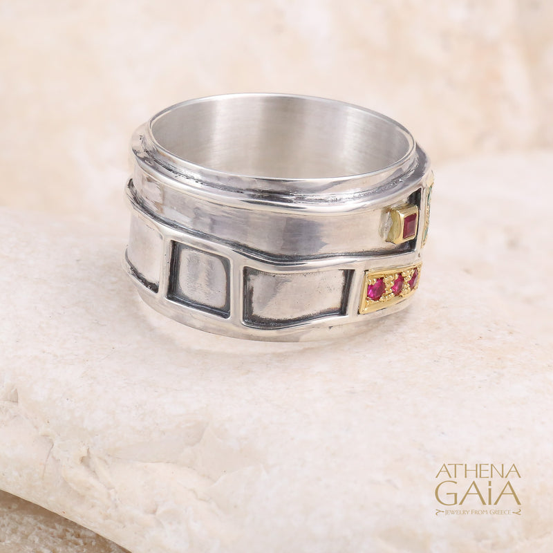 Geologic Ring - 18k Gold & Sterling Silver Ring - Cigar Band Ring