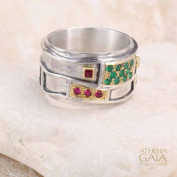 Geologic Ring - 18k Gold & Sterling Silver Ring - Cigar Band Ring