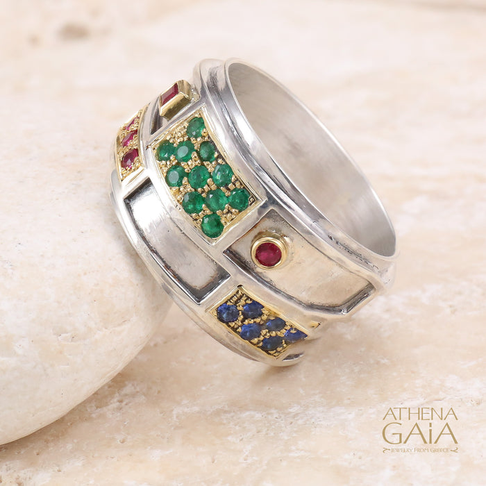 Geologic Ring - 18k Gold & Sterling Silver Ring - Cigar Band Ring