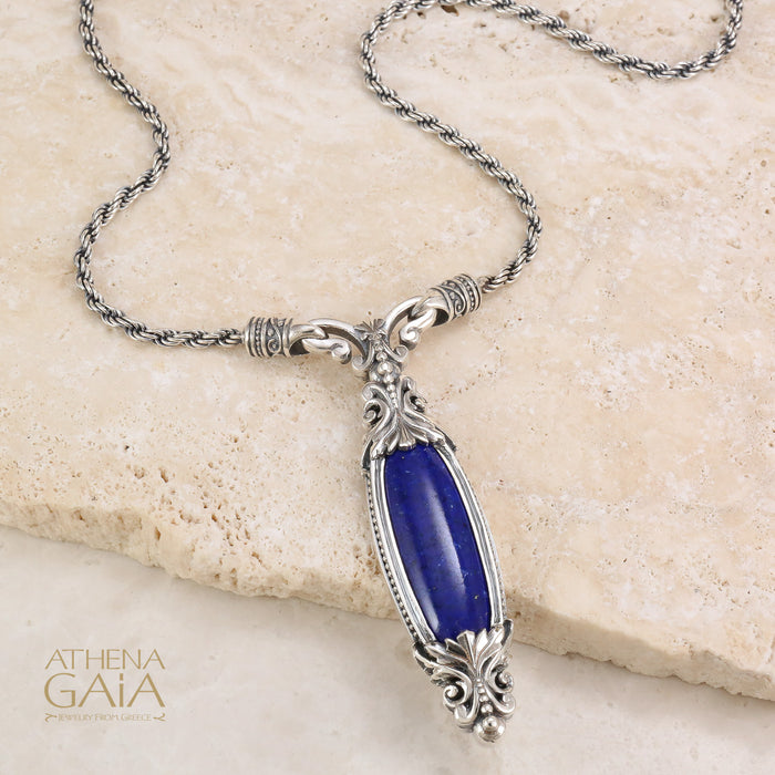Long Lapis Pendant with Chain Necklace - Sterling Silver Necklace