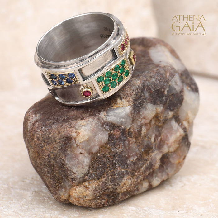 Geologic Ring - 18k Gold & Sterling Silver Ring - Cigar Band Ring