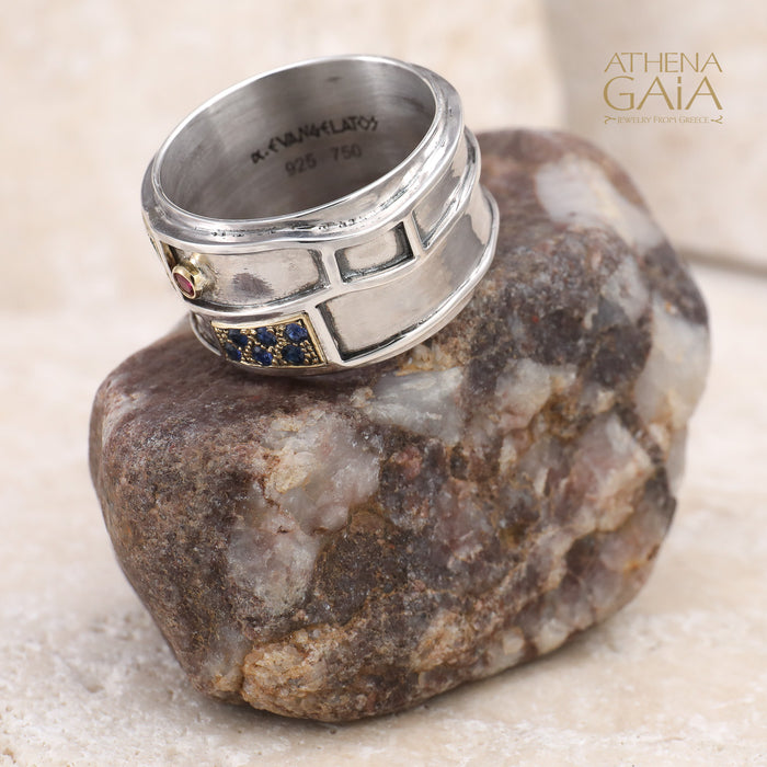 Geologic Ring - 18k Gold & Sterling Silver Ring - Cigar Band Ring