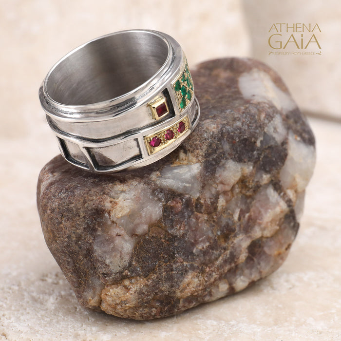 Geologic Ring - 18k Gold & Sterling Silver Ring - Cigar Band Ring