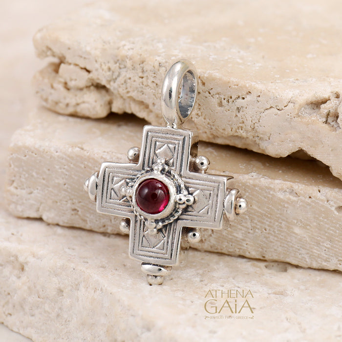 Rustic Silver Stone Cross (Small) - Sterling Silver - Greek Cross Necklace