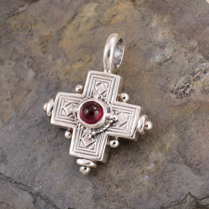 Rustic Silver Stone Cross (Small) - Sterling Silver - Greek Cross Necklace