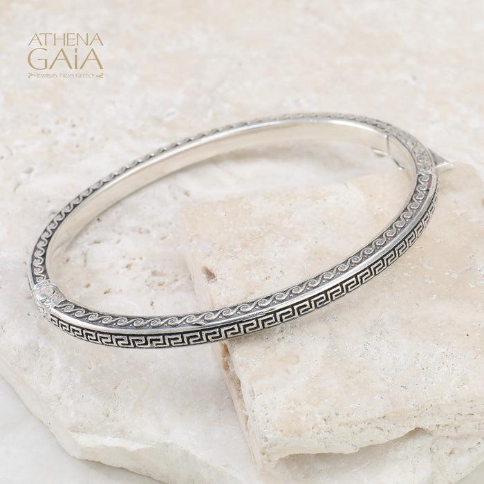 Greek Key Argonaut Bracelet - Sterling Silver Bracelet - Hinged Bangle Bracelet