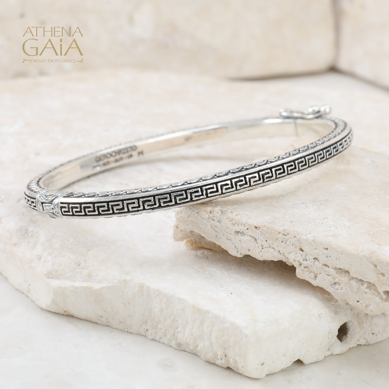Greek Key Argonaut Bracelet - Sterling Silver Bracelet - Hinged Bangle Bracelet