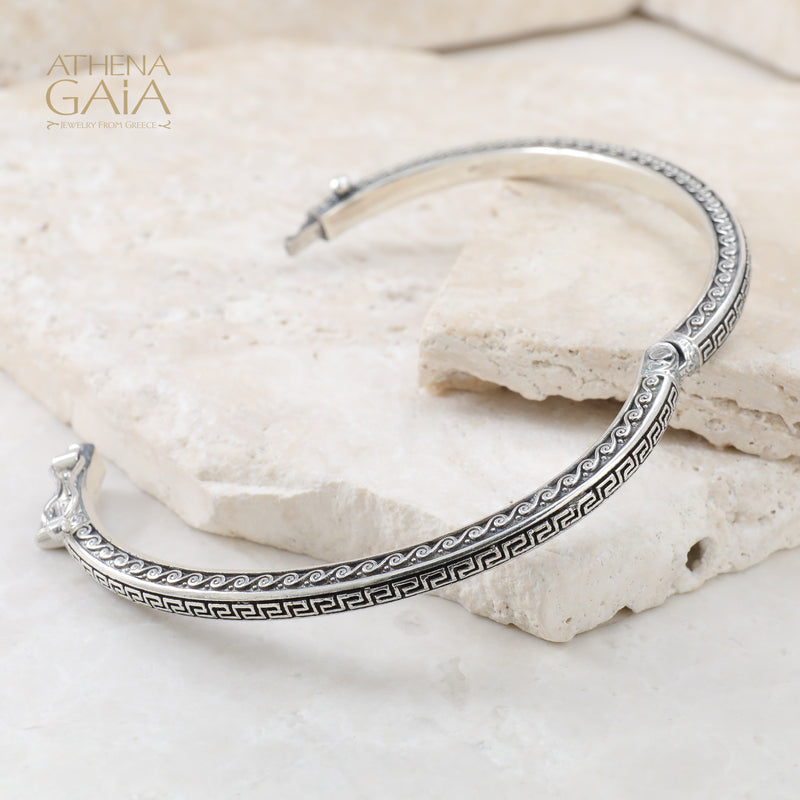 Greek Key Argonaut Bracelet - Sterling Silver Bracelet - Hinged Bangle Bracelet