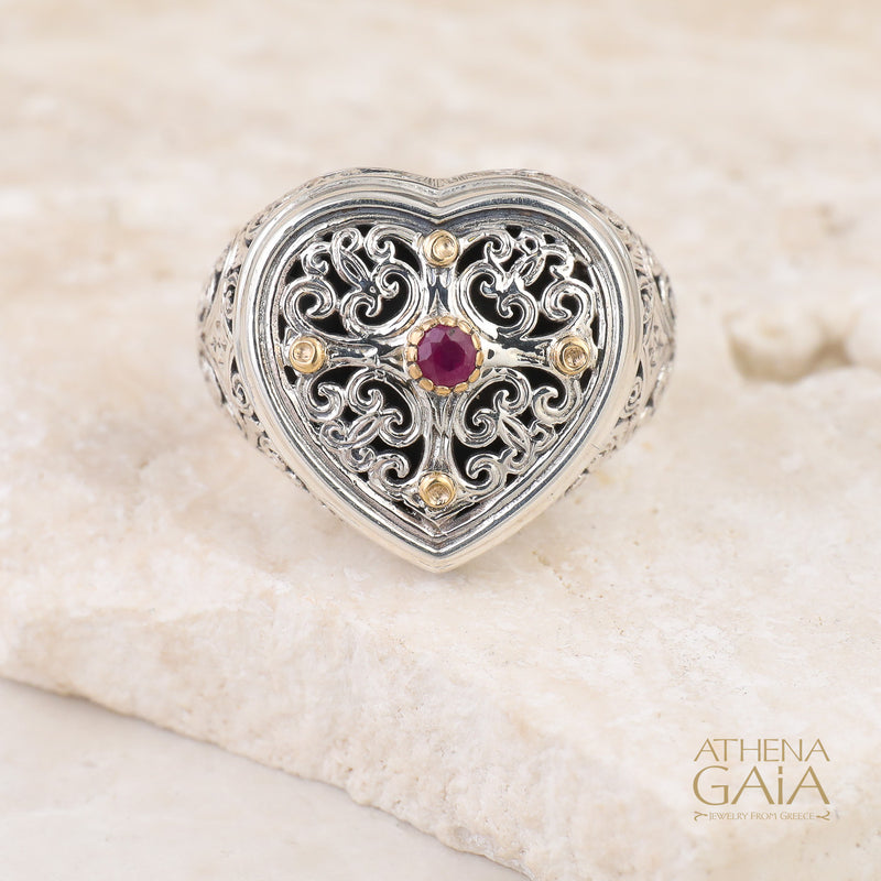 Mediterranean Heart Tapered Ring - 18k Gold & Sterling Silver Ring - Signet Ring