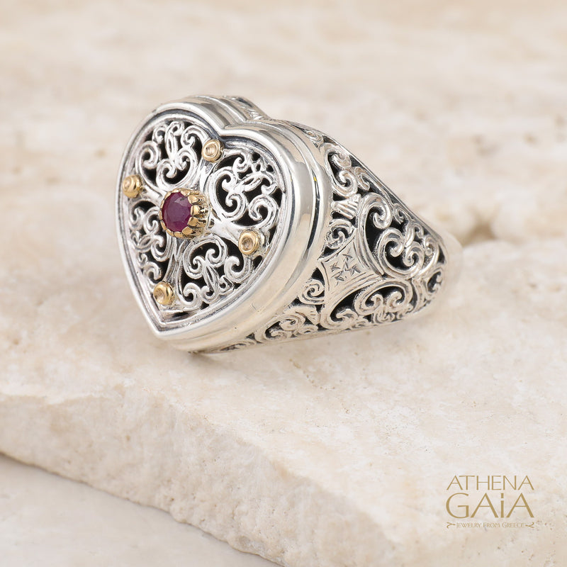 Mediterranean Heart Tapered Ring - 18k Gold & Sterling Silver Ring - Signet Ring