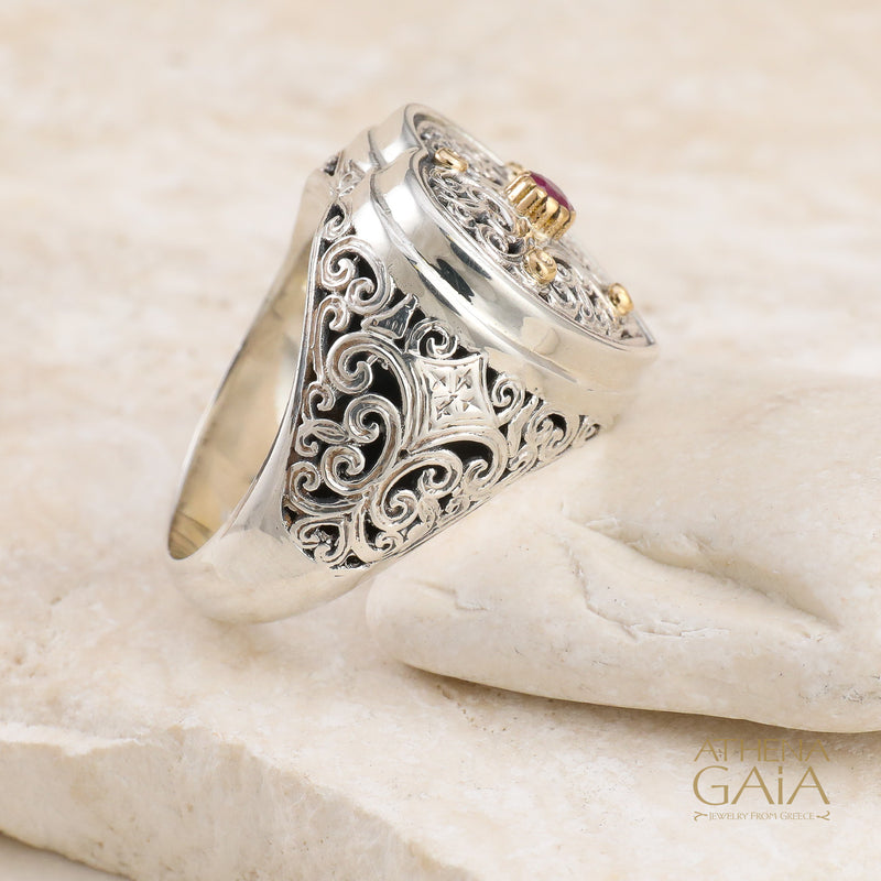 Mediterranean Heart Tapered Ring - 18k Gold & Sterling Silver Ring - Signet Ring