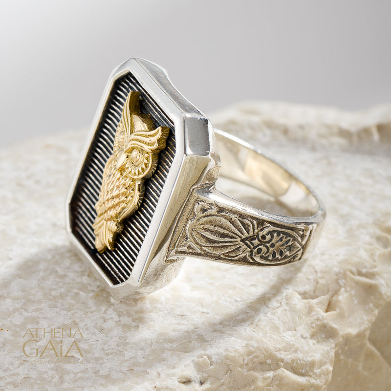 Owl Talisman Narrow Band Ring - 18k Gold & Sterling Silver - Signet Ring