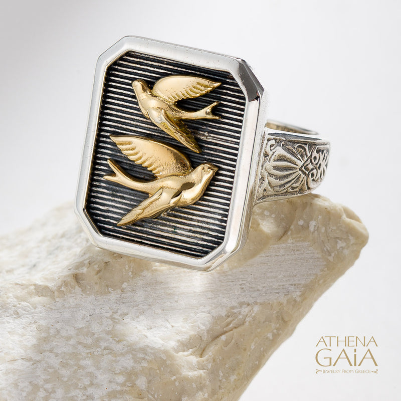 Twin Swallows Talisman Narrow Band Ring - 18k Gold & Sterling Silver - Signet Ring
