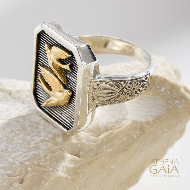 Twin Swallows Talisman Narrow Band Ring - 18k Gold & Sterling Silver - Signet Ring