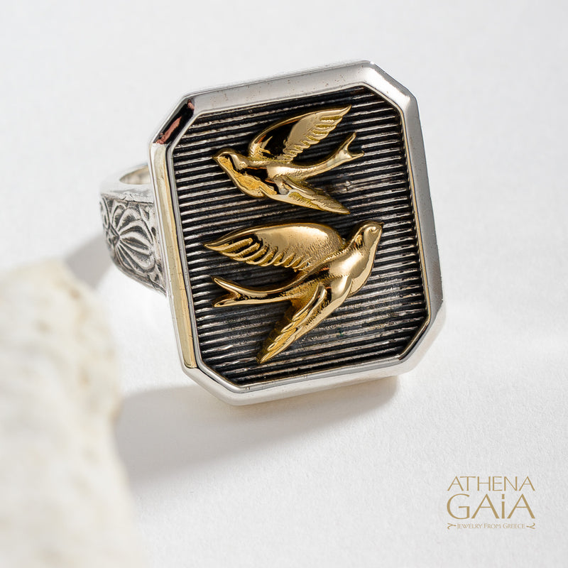 Twin Swallows Talisman Narrow Band Ring - 18k Gold & Sterling Silver - Signet Ring