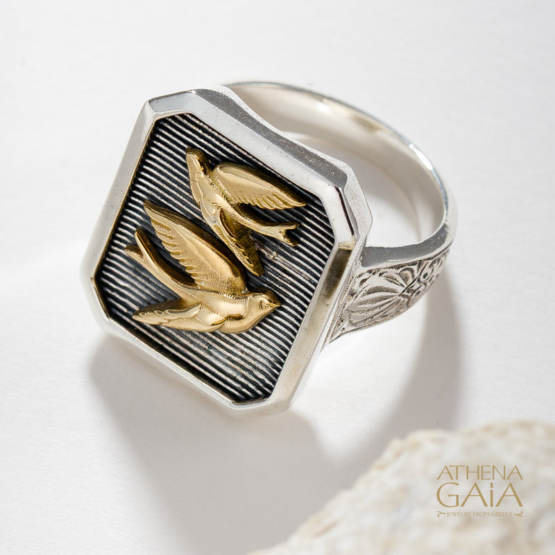 Twin Swallows Talisman Narrow Band Ring - 18k Gold & Sterling Silver - Signet Ring
