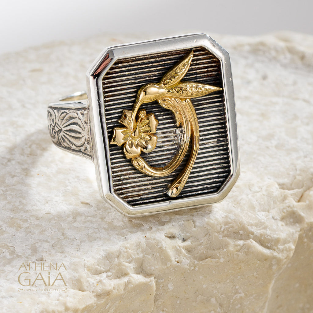 Hummingbird Talisman Narrow Band Ring- 18k Gold & Sterling Silver - Signet Ring