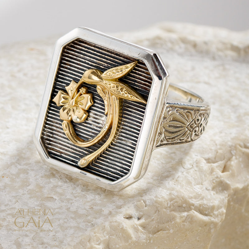 Hummingbird Talisman Narrow Band Ring- 18k Gold & Sterling Silver - Signet Ring