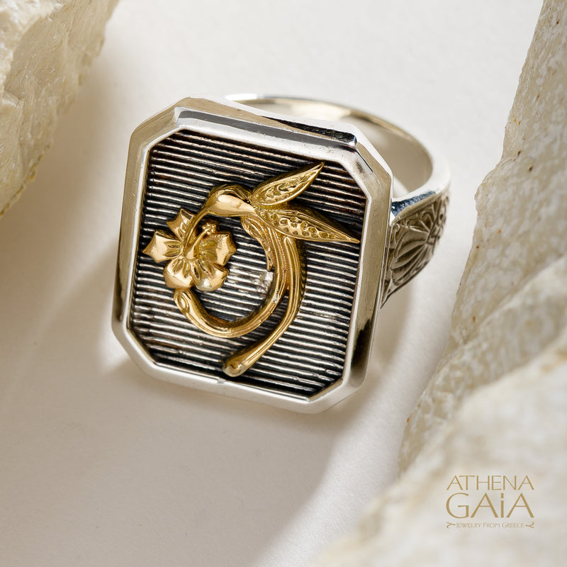 Hummingbird Talisman Narrow Band Ring- 18k Gold & Sterling Silver - Signet Ring