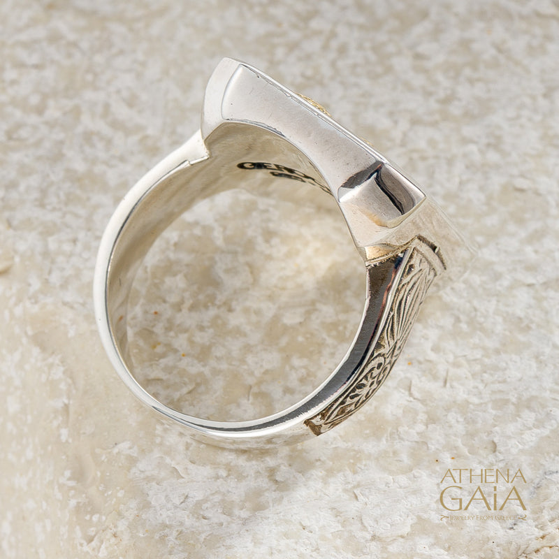 Winged Heart Talisman Narrow Band Ring - 18k Gold & Sterling Silver - Signet Ring