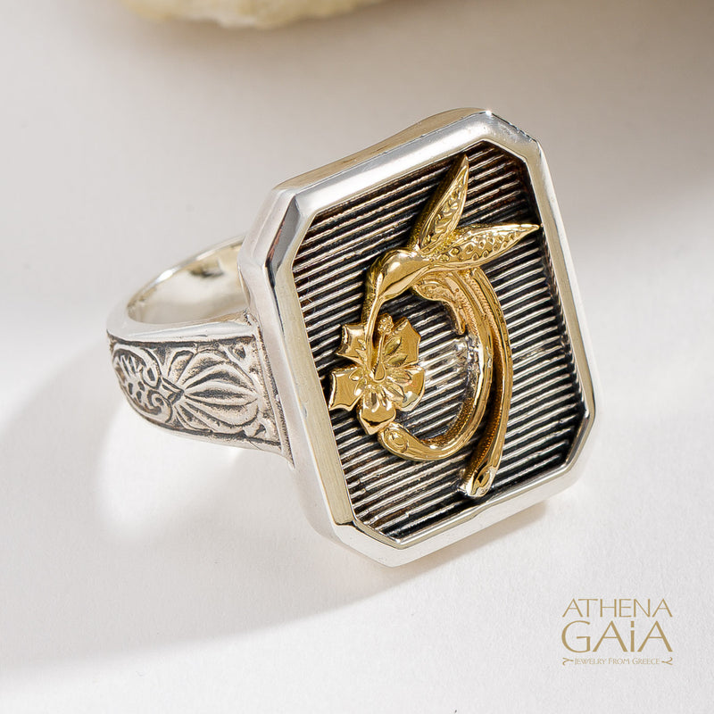 Hummingbird Talisman Narrow Band Ring- 18k Gold & Sterling Silver - Signet Ring