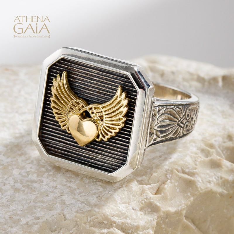 Winged Heart Talisman Narrow Band Ring - 18k Gold & Sterling Silver - Signet Ring