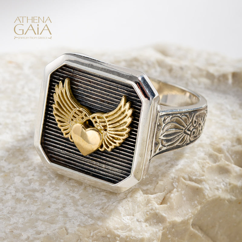Winged Heart Talisman Narrow Band Ring - 18k Gold & Sterling Silver - Signet Ring