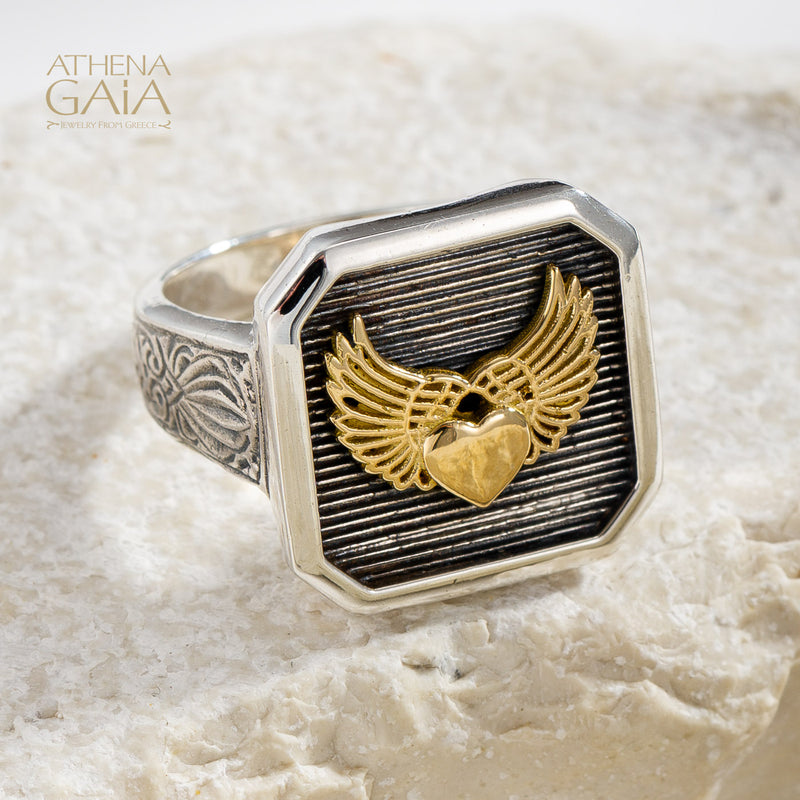 Winged Heart Talisman Narrow Band Ring - 18k Gold & Sterling Silver - Signet Ring