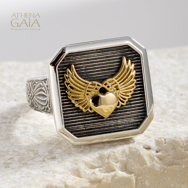 Winged Heart Talisman Narrow Band Ring - 18k Gold & Sterling Silver - Signet Ring