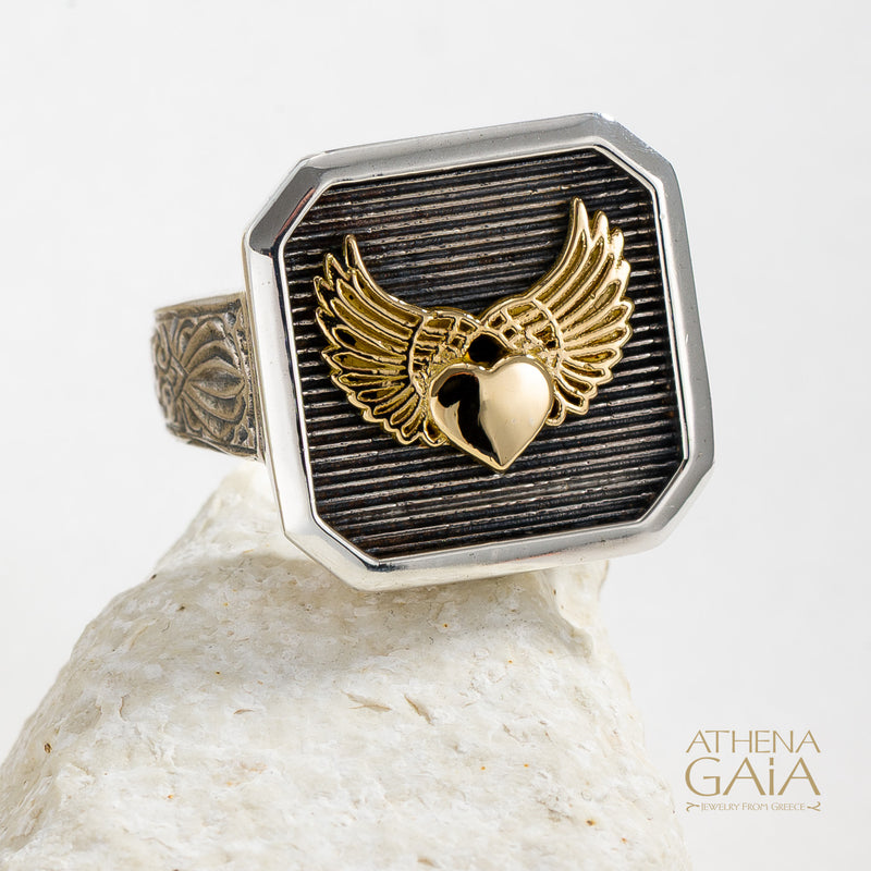 Winged Heart Talisman Narrow Band Ring - 18k Gold & Sterling Silver - Signet Ring