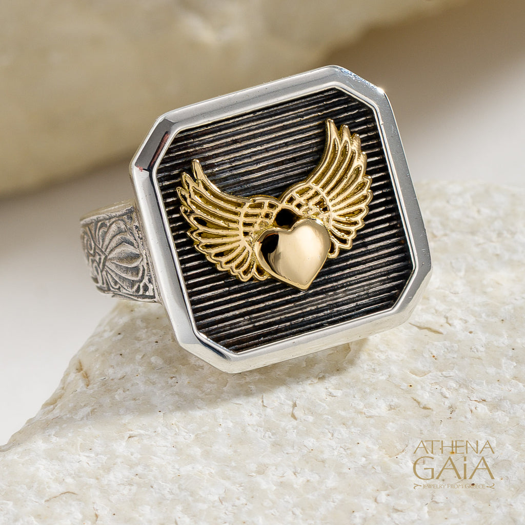 Winged Heart Talisman Narrow Band Ring - 18k Gold & Sterling Silver - Signet Ring