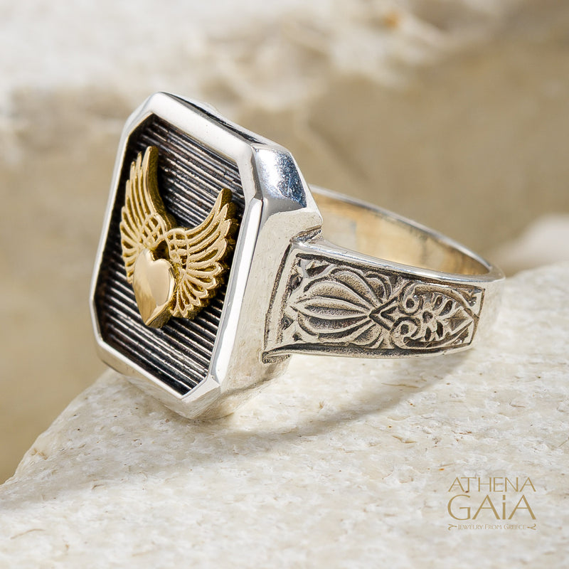 Winged Heart Talisman Narrow Band Ring - 18k Gold & Sterling Silver - Signet Ring