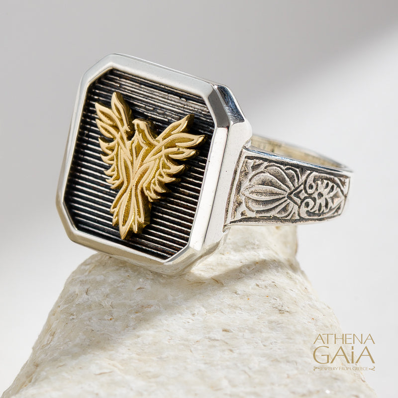 Phoenix Talisman Narrow Band Ring - 18k Gold & Sterling Silver Ring - Signet Ring