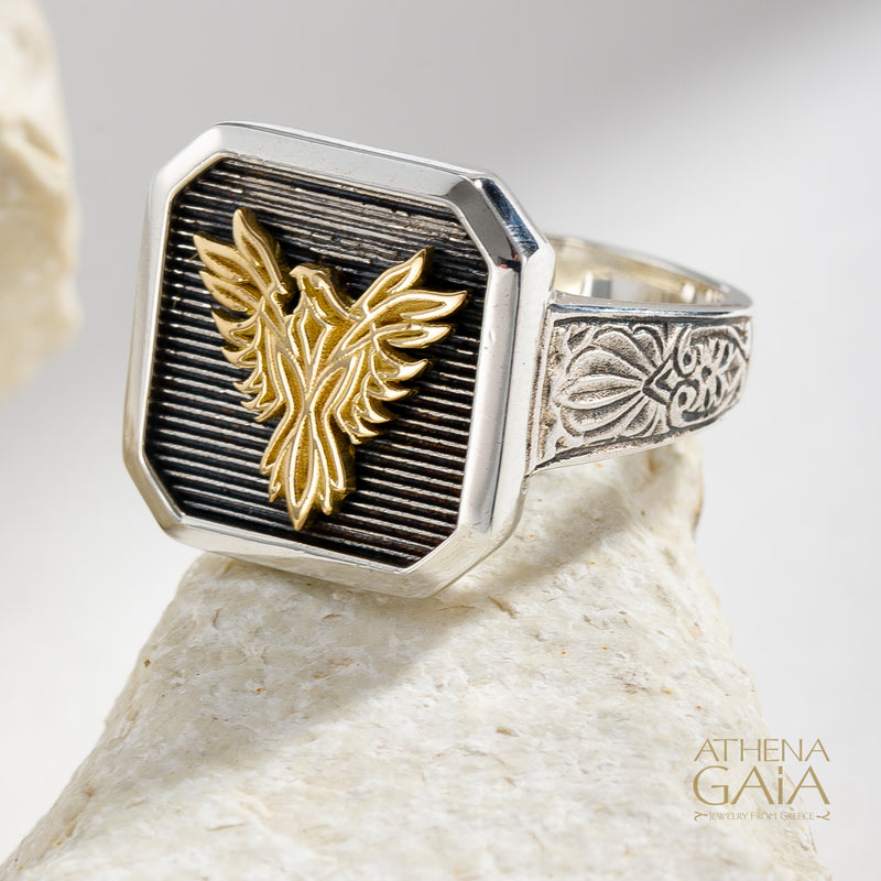 Phoenix Talisman Narrow Band Ring - 18k Gold & Sterling Silver Ring - Signet Ring