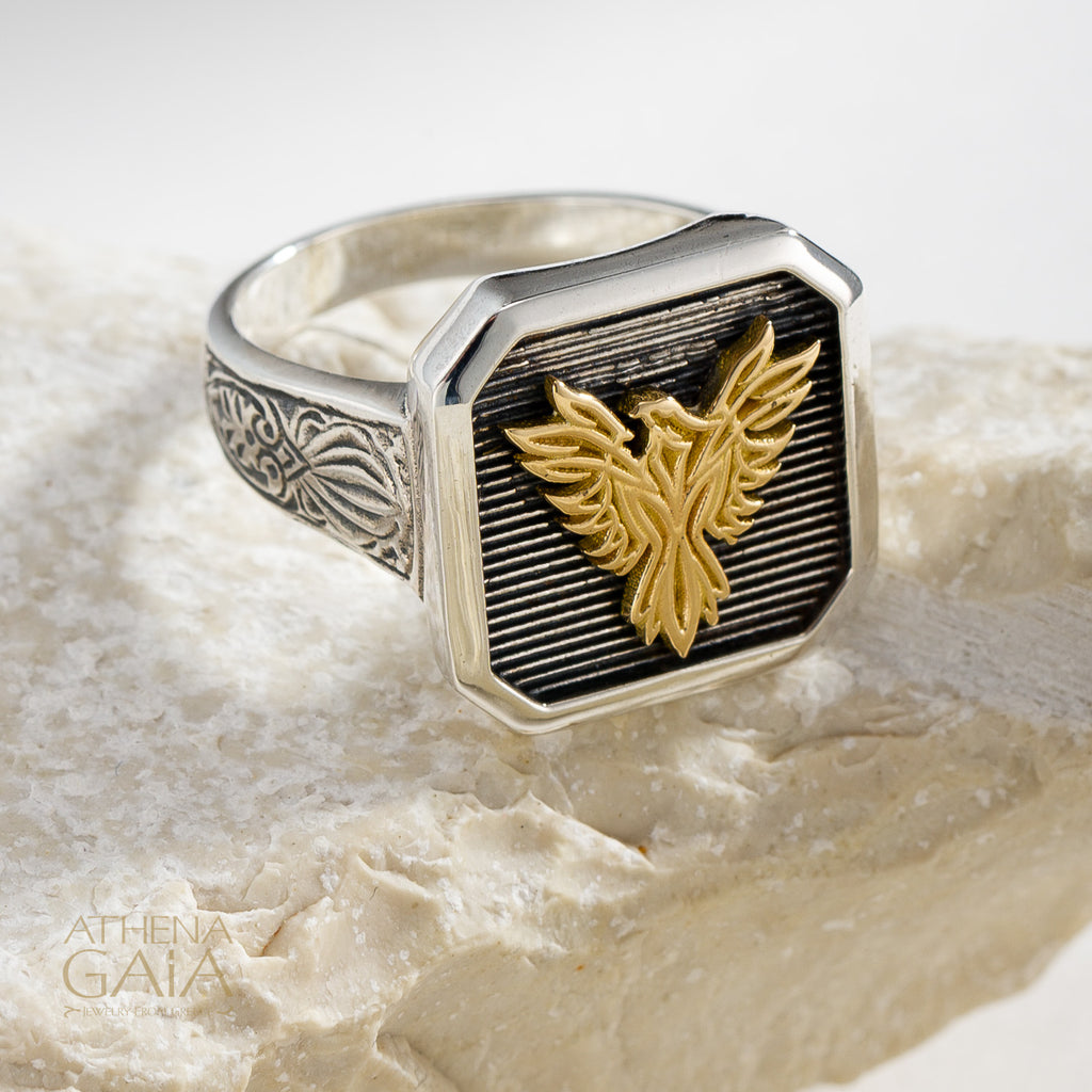 Phoenix Talisman Narrow Band Ring - 18k Gold & Sterling Silver Ring - Signet Ring