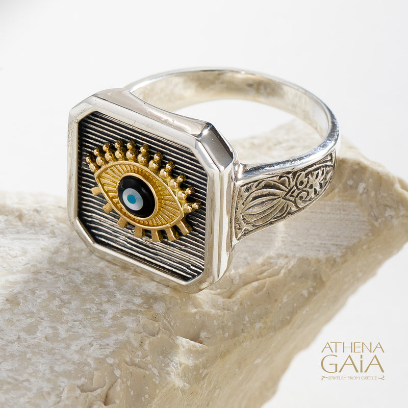 Square Evil Eye Talisman Narrow Band Ring - 18k Gold & Sterling Silver - Signet Ring