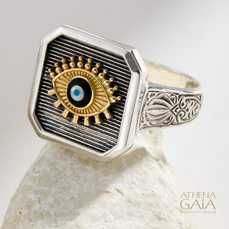 Square Evil Eye Talisman Narrow Band Ring - 18k Gold & Sterling Silver - Signet Ring