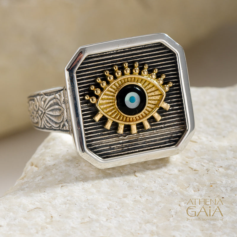 Square Evil Eye Talisman Narrow Band Ring - 18k Gold & Sterling Silver - Signet Ring