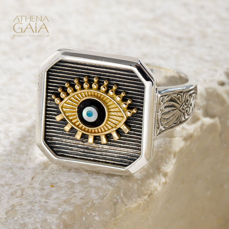 Square Evil Eye Talisman Narrow Band Ring - 18k Gold & Sterling Silver - Signet Ring