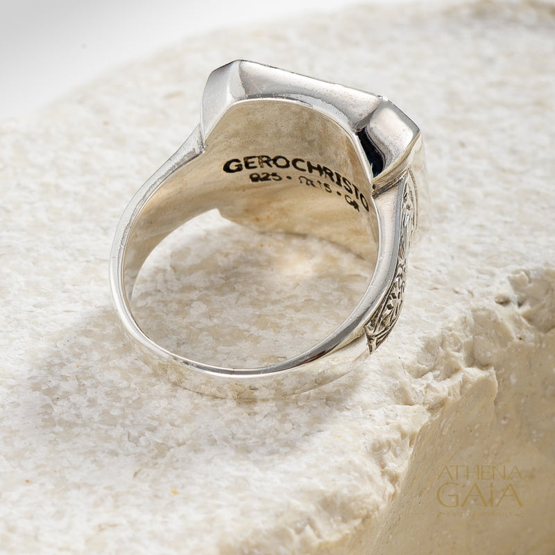 Square Evil Eye Talisman Narrow Band Ring - Sterling Silver - Signet Ring