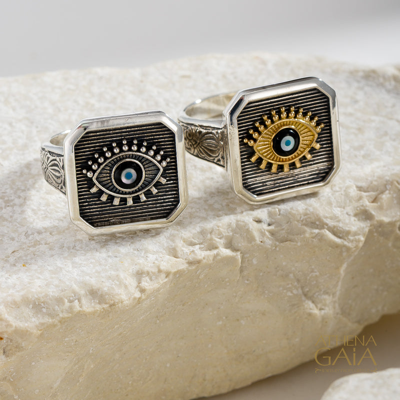 Square Evil Eye Talisman Narrow Band Ring - Sterling Silver - Signet Ring