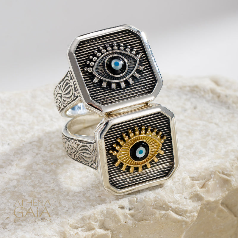 Square Evil Eye Talisman Narrow Band Ring - 18k Gold & Sterling Silver - Signet Ring