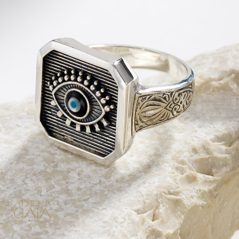 Square Evil Eye Talisman Narrow Band Ring - Sterling Silver - Signet Ring