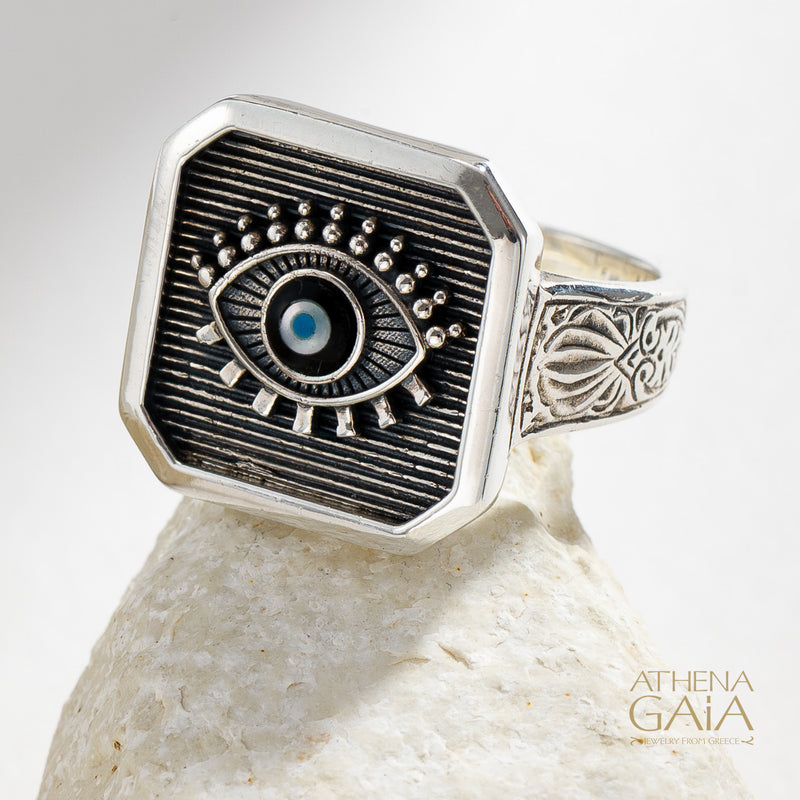 Square Evil Eye Talisman Narrow Band Ring - Sterling Silver - Signet Ring