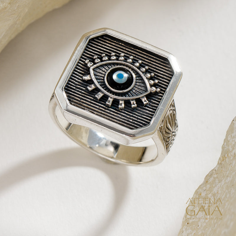 Square Evil Eye Talisman Narrow Band Ring - Sterling Silver - Signet Ring