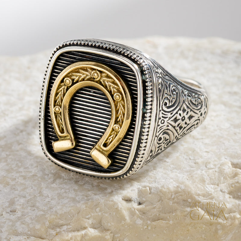 Horseshoe Talisman Wide Band Ring - 18k Gold & Sterling Silver - Signet Ring