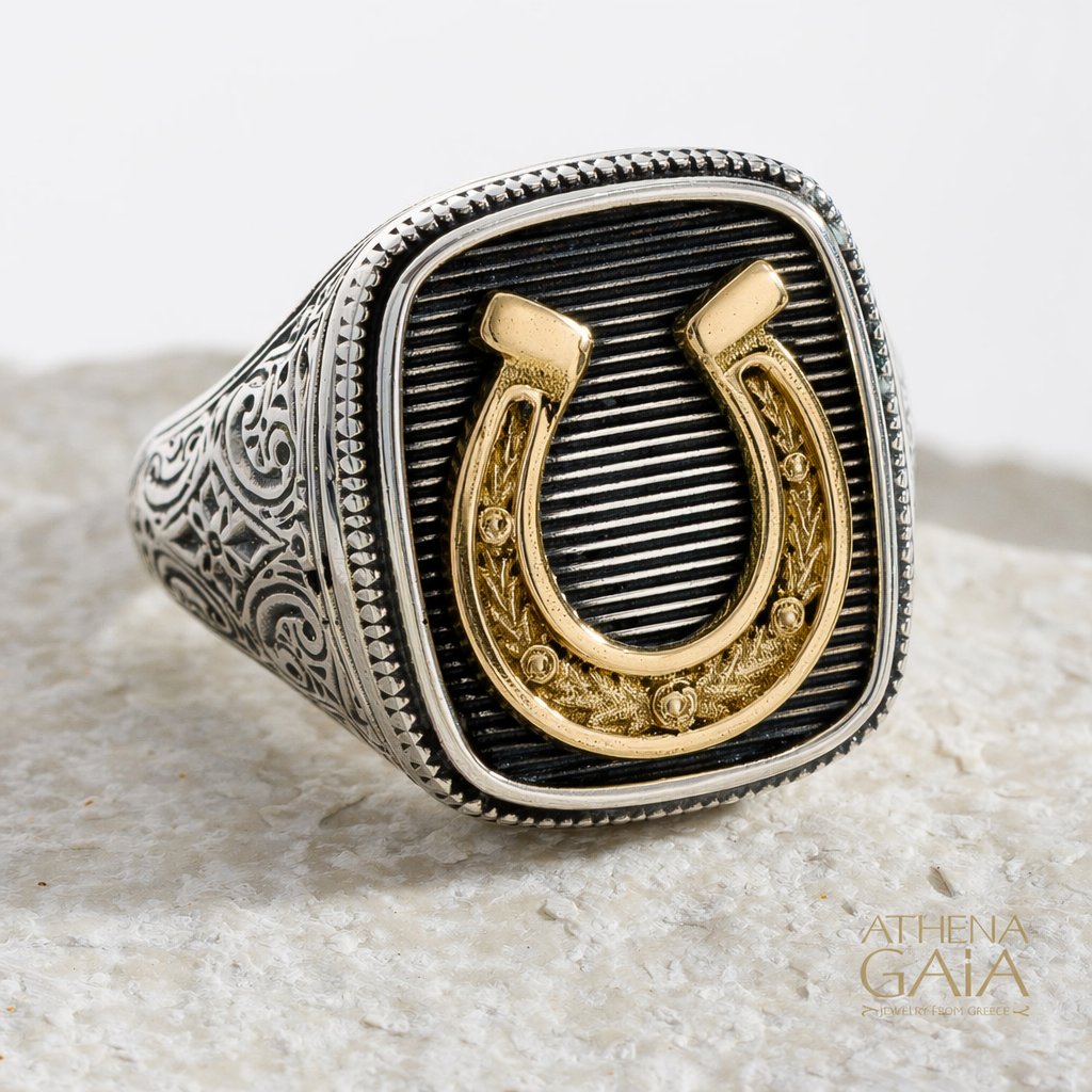 Horseshoe Talisman Wide Band Ring - 18k Gold & Sterling Silver - Signet Ring