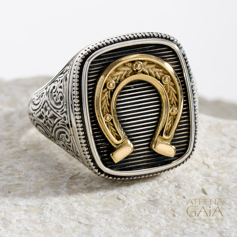 Horseshoe Talisman Wide Band Ring - 18k Gold & Sterling Silver - Signet Ring